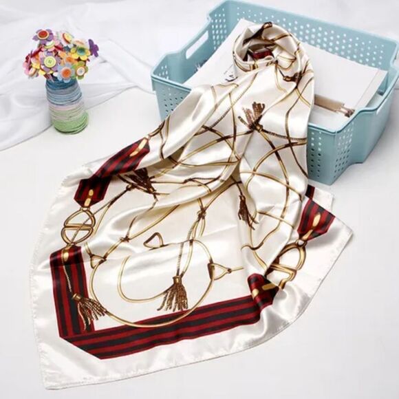 Chain Scarf Vintage Style Satin Cream Scarf Bandana - Picture 2 of 10